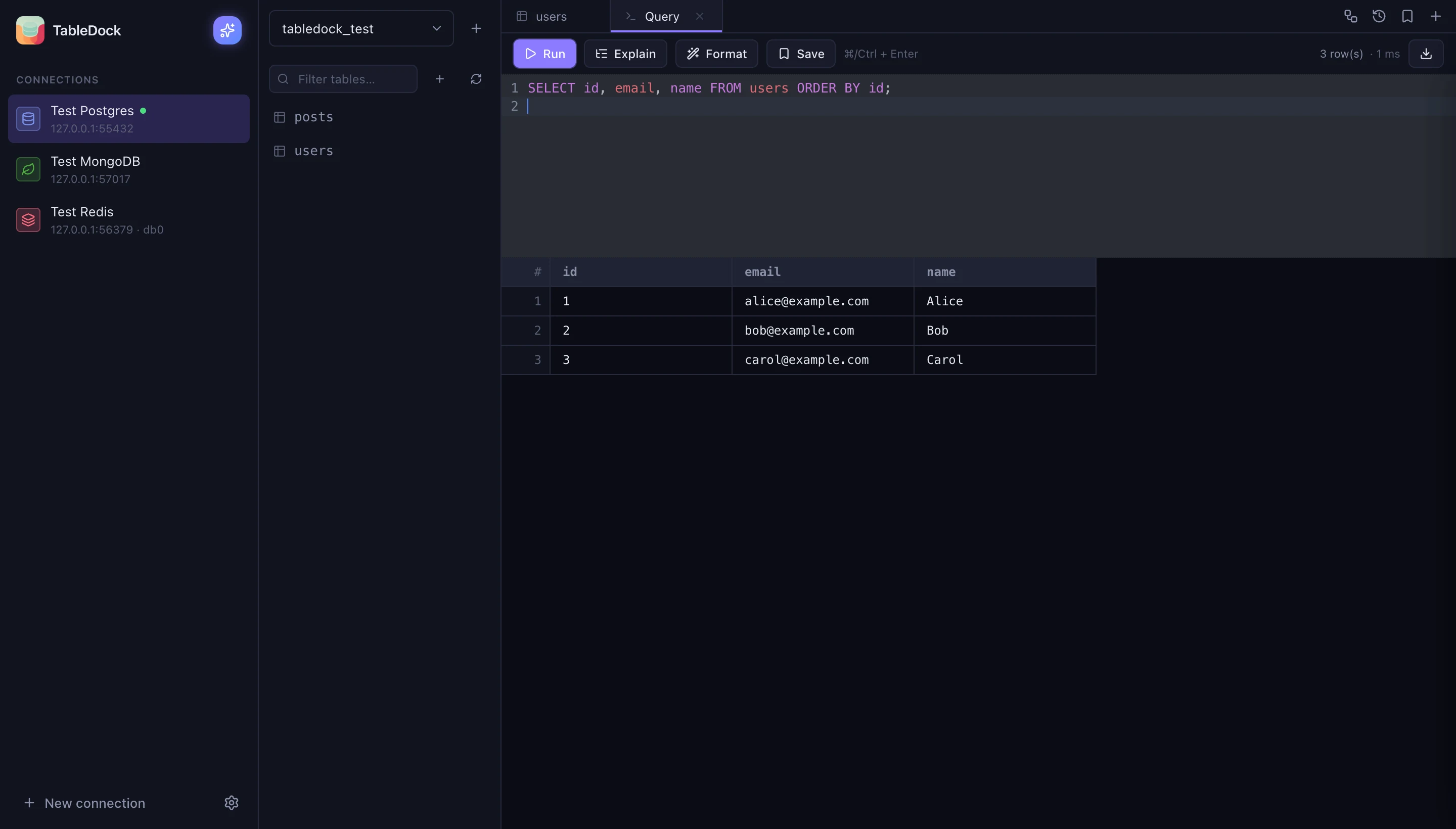 TableDock running a SQL query against a Postgres database, with MongoDB and Redis connections in the sidebar